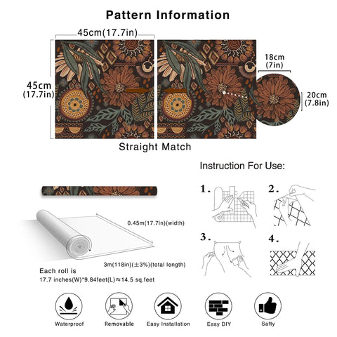Peel And Stick Floral Boho Wallpaper Removable Mural Renter Friendly Brown Peach Puff Green Retro Wall Decor pattern info