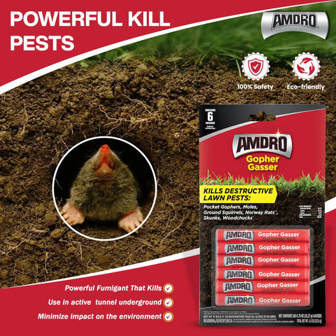 Amdro Gopher Gasser Kit for Gophers Moles Squirrels Lawn Pest Control 6-pack with descriptive packaging design