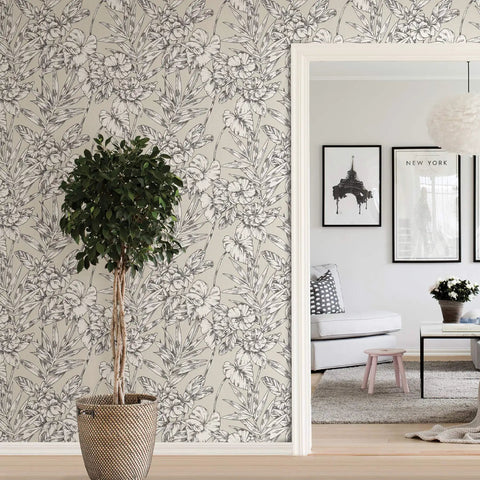 Grey Cayman Peel And Stick Wallpaper With Tropical Botanical Design Neutral Removable Self Adhesive Wall Covering For Renters