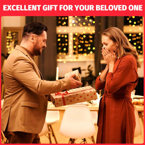 A couple presenting gifts during a festive gathering, showcasing joy and surprise in a cozy setting.