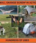 Beefy Ground Anchors For Camping And Tents, Screw-In Stakes That Grip In High Wind And Sand shown securing tarps, tents, and a dog leash outdoors.