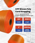 Built To Crush Heavy Loads 3/4 Inch X 1650 Foot Woven Polyester Strapping Cord shown in orange rolls with specs in background.
