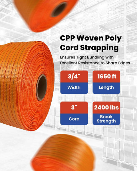 Built To Crush Heavy Loads 3/4 Inch X 1650 Foot Woven Polyester Strapping Cord shown in orange rolls with specs in background.