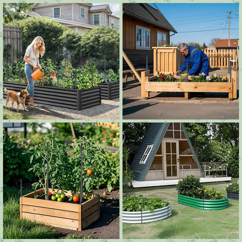 Gardens showcasing various raised beds with plants and vegetables, ideal for 16 Inch Rebar Stakes For Concrete And Garden Projects, Black.