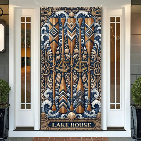 Beachy Coastal Door Cover Banner 36x72 Inches for Indoor Outdoor Use with oar and wave design, suitable for rustic ocean themed decor