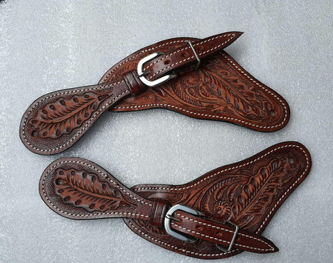 Oakleaf Tooled Leather Spur Straps For Adults With Hardware And Buckle Brown Horse Tack That Keeps Spurs Snug During Riding Durable