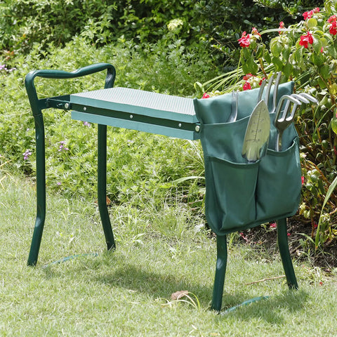 Foldable Garden Kneeler Seat With Free Tool Pouch, Sturdy Steel Bench With Wide Soft EVA Foam Cushion, 2 In 1 Kneeler And Stool For Pain Free Kneeling, Knee Saver Upgrade For Easy Gardening shown with tools in pouch, installed in garden.