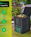 80 Gallon Outdoor Compost Bin With Top Flip Lid And Bottom Exit Door BPA Free Material Large Backyard Composter Barrel For Easy Food Waste Recycling And No Hassle Assembly in garden setting with lid open and compost visible.