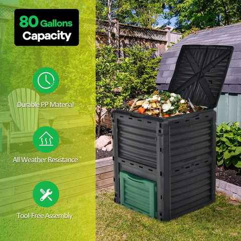 80 Gallon Outdoor Compost Bin With Top Flip Lid And Bottom Exit Door BPA Free Material Large Backyard Composter Barrel For Easy Food Waste Recycling And No Hassle Assembly in garden setting with lid open and compost visible.