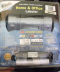 P-Touch Label Maker Electronic Labeling System For Home Office And Outdoor Use, packaged in box with sample labels shown