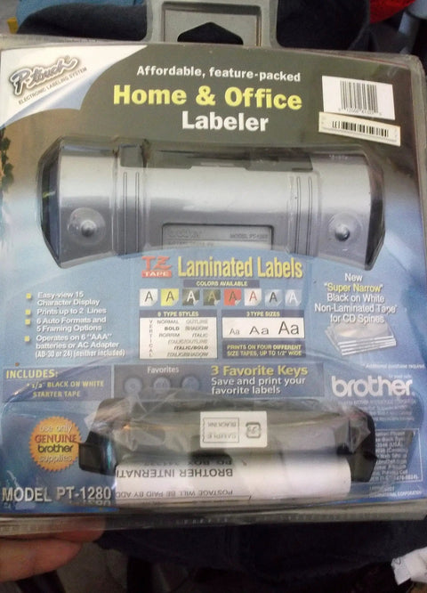 P-Touch Label Maker Electronic Labeling System For Home Office And Outdoor Use, packaged in box with sample labels shown
