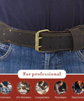 Person wearing 3 Inch Wide Long Tapered Full Grain Oiled Leather Work Belt For Heavy Duty Tasks Durable Rugged Belt Adjustable Fits Waist 42 To 54 Inches Dark Brown Pro