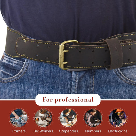 Person wearing 3 Inch Wide Long Tapered Full Grain Oiled Leather Work Belt For Heavy Duty Tasks Durable Rugged Belt Adjustable Fits Waist 42 To 54 Inches Dark Brown Pro