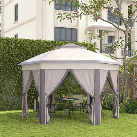 13 By 13 Pop Up Gazebo With Mesh Screen Walls And Zippered Netting Portable Steel Frame Outdoor Event Tent For Patio Garden Weddings And Parties In Coffee Beige installed in garden