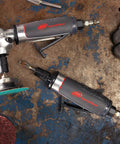 Badass 1/4 Inch Collet Air Die Grinder Rocking Zero Point Four Horsepower And Twelve Thousand Rpm on a workshop table with abrasives.