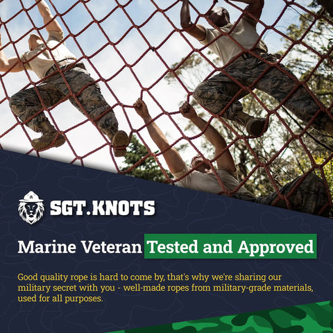 Marine veterans climbing on military-grade rope net, showcasing heavy-duty twisted nylon rope for indoor and outdoor use.
