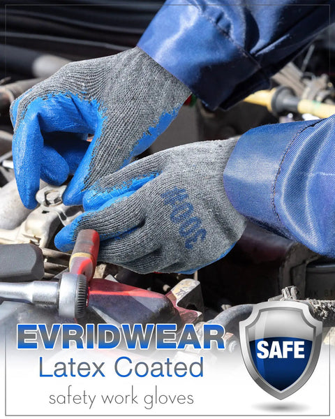Person wearing 36 Pairs Rubber Work Gloves With Latex Double Coating For Tough Grip Bulk Safety Gear For Construction Gardening And Landscaping Projects Men Durable And Comfortable while working on a car engine.