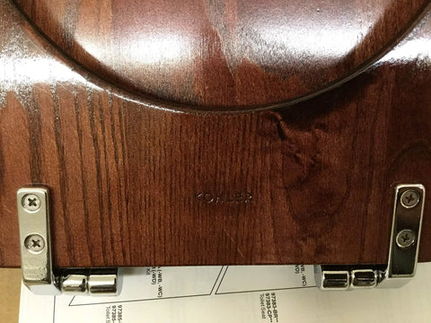 Solid Oak Elongated Toilet Seat with Cover and Polished Chrome Hinges for Vintage Bathrooms Classic Mahogany Finish close-up view of hinges