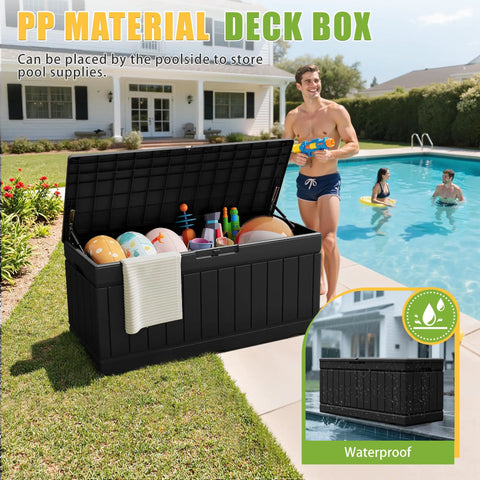 82 Gallon Outdoor Storage Box With Lid For Patio Backyard Gear Garden Tools Pool Supplies Waterproof UV Resistant Lockable Weatherproof Storage Bin Black