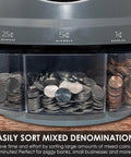 Dead On Coin Sorter And Counter Wrapper Machine With Rapid Sorting Functions Handles All US Currency Denominations Includes Forty Eight Preformed Wrappers For Fast Cash Processing showing sorted coins.