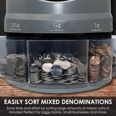 Dead On Coin Sorter And Counter Wrapper Machine With Rapid Sorting Functions Handles All US Currency Denominations Includes Forty Eight Preformed Wrappers For Fast Cash Processing showing sorted coins.