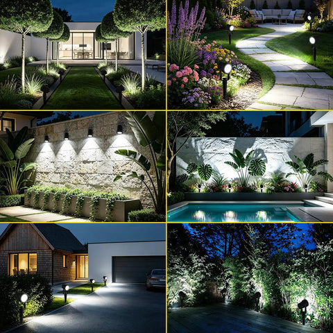 4 In 1 Solar Landscape Spot Lights Outdoor Waterproof Garden Lights With Auto On Off For Lawn Patio Yard And Pool Area White 6000K LED Pathway Lighting For All Night Brightness illuminating various garden and pool areas at night.