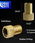 Brass Presta To Schrader Valve Adapters 4 Pack For Bikes Convert Presta To Schrader And Inflate With Standard Pump Or Air Compressor Durable Rust Resistant Bicycle Valve Adapters showing dimensions and features.