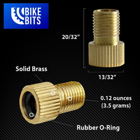 Brass Presta To Schrader Valve Adapters 4 Pack For Bikes Convert Presta To Schrader And Inflate With Standard Pump Or Air Compressor Durable Rust Resistant Bicycle Valve Adapters showing dimensions and features.