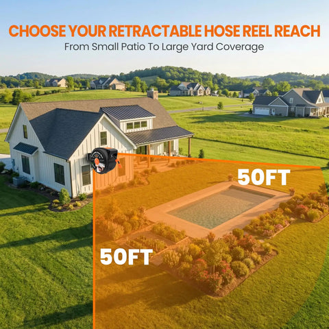 Retractable Garden Hose Reel With Wall Mount Heavy Duty 50 Ft Hose on house, showing reach in yard.