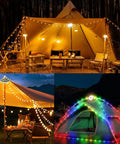 Lit All In One Camping String Lights 32.8Ft waterproof outdoor light string illuminating tents in 8 modes at a campsite.