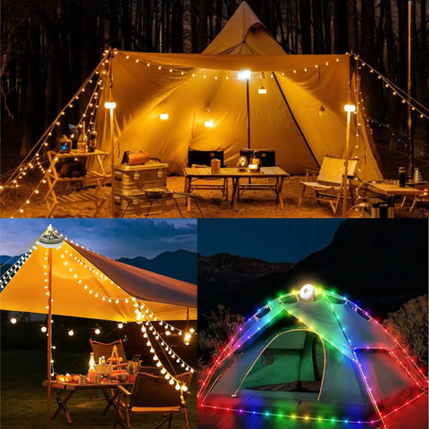 Lit All In One Camping String Lights 32.8Ft waterproof outdoor light string illuminating tents in 8 modes at a campsite.