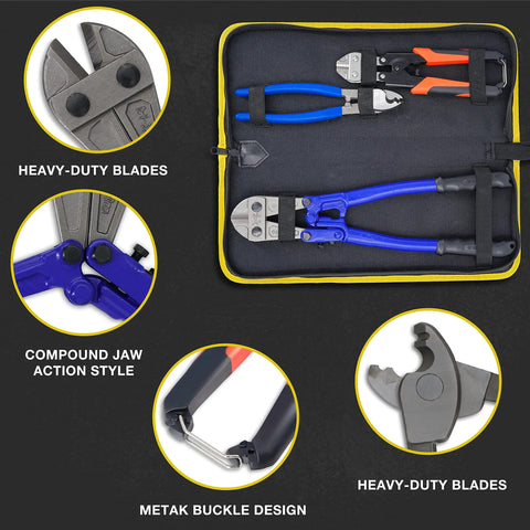 Industrial Heavy Duty Bolt Cutter Set 14 Inch And Mini 8 Inch High Leverage Cable Cutters With Soft Rubber Handles in carrying case