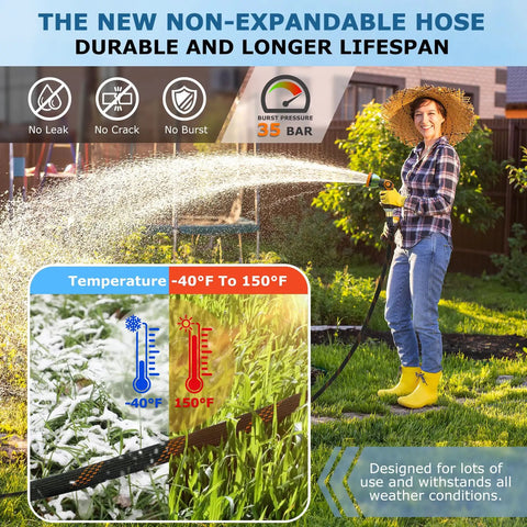 Non Expanding Garden Hose 100 Ft With Kink Free Flex Lightweight Yet Durable Water Hose 10 Pattern Spray Nozzle Leak Proof Design 3/4 Inch Swivel Connectors Heavy Duty Fabric Portable Storage Strap For Easy Carry used for garden watering
