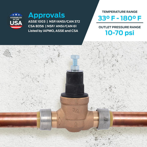 Front view of bronze 3/4in pressure-regulating valve with push-to-connect copper pipe fittings
