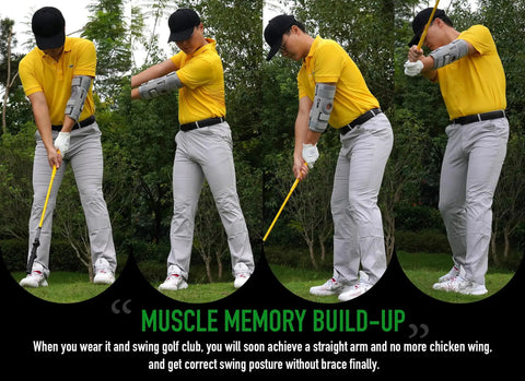Golfer wearing Golf Swing Trainer Arm Brace That Keeps Your Elbow Straight Straight Arm Practice Aid performing swing demonstration.