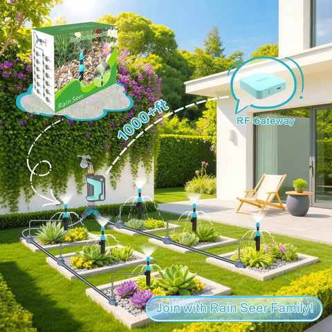 WiFi Sprinkler Timer With 1666 Feet RF Gateway For Garden And Lawn setup demonstration in a modern garden.