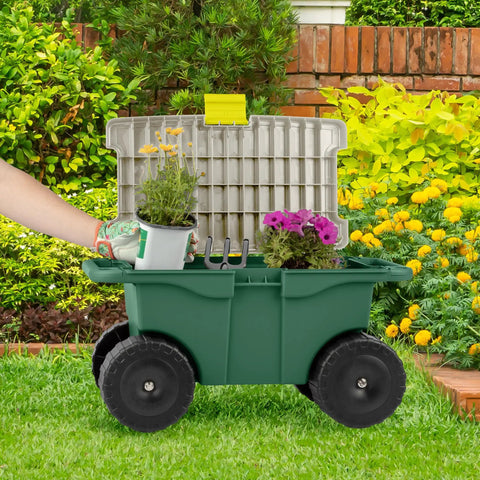 Rolling Garden Cart With Seat And Interior Tool Tray Green Plastic Garden Bench On Wheels For Easier Weeding Planting And Light Transport Includes Built In Storage For Tools And Supplies No More Crawling Or Kneeling
