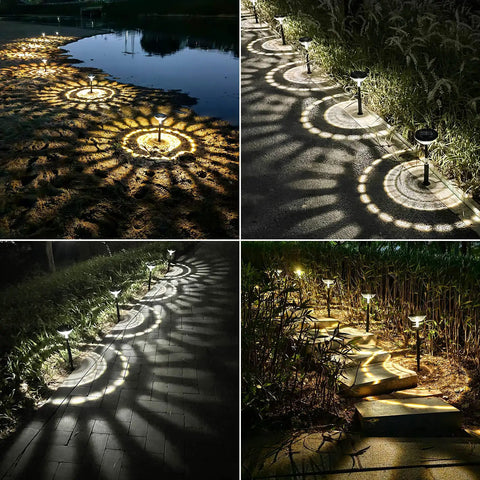 2 Pack Solar Pathway Lights Outdoor IP67 Waterproof LED Garden Path Lighting with patterns on grass and pathways at night