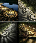 Eight Pack Solar Pathway Lights Outdoor LED Garden Lighting illuminating a garden path with warm and cool white lights