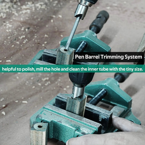 Pro Grade Pen Making Tools Kit With Mandrel Saver And 7Pc Universal Barrel Trimming System For MT2 Woodturning Lathes in use