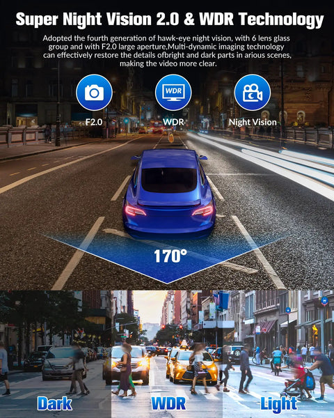 4K Front And 1080P Rear 3 Channel Dash Cam For Your Ride With 32GB Card demonstrating 170 degree night vision technology
