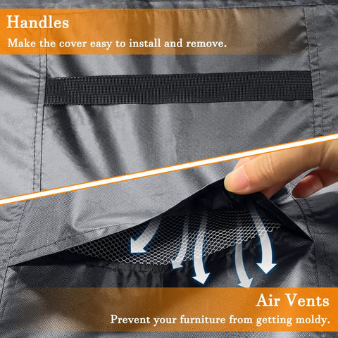 Close-up of gray Beefy Heavy Duty Patio Furniture Cover showing handle and air vents, 110x84x28 inches, anti-UV, waterproof.