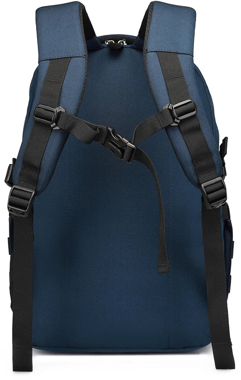 Rear view of Heavy Duty 25L Tactical Backpack For Men, Built To Last Military Style MOLLE Assault Pack, 900D Durable Daypack in blue and black