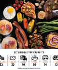 22-Inch Tabletop Griddle With Built-In Hood cooking various foods, showcasing capacity, at camping or tailgating setup.