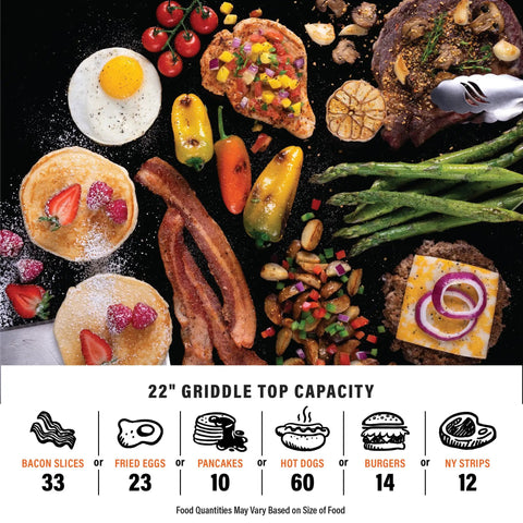 22-Inch Tabletop Griddle With Built-In Hood cooking various foods, showcasing capacity, at camping or tailgating setup.