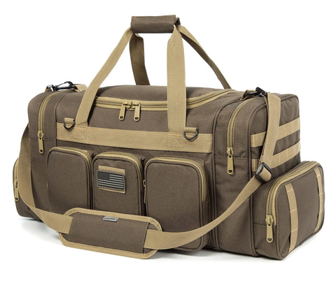 Heavy Duty Tactical Range Duffel With MOLLE Gear, Lockable Zippers, Water Resistant Polyester, Large Opening, Military Style Travel Gym Bag for Sports and Duty, Khaki 27 Inch With US Flag Patch