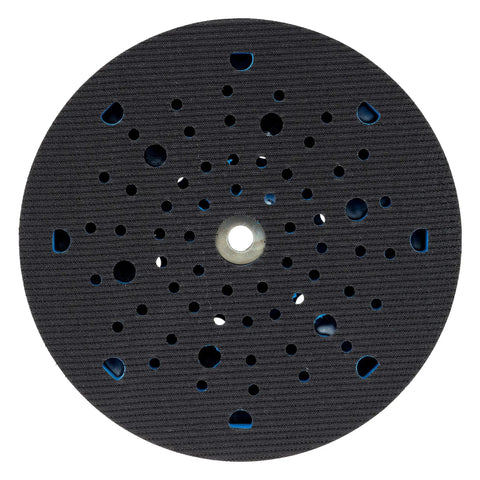 Top view of Six Inch Hard Hook And Loop Sanding Pad With Multi Hole Dust Extraction, showing fiberglass reinforced backing plate.