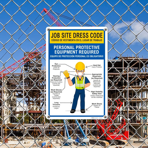 12 By 18 Inch Must Have Bilingual Job Site Dress Code Sign With English And Spanish PPE Warning Durable 0.055 Inch Polyethylene