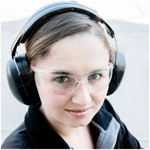 Person wearing Ultra Comfortable Safety Ear Muffs With 31.5 dB SNR Noise Reduction For Hunting, Gun Range, Yard Work