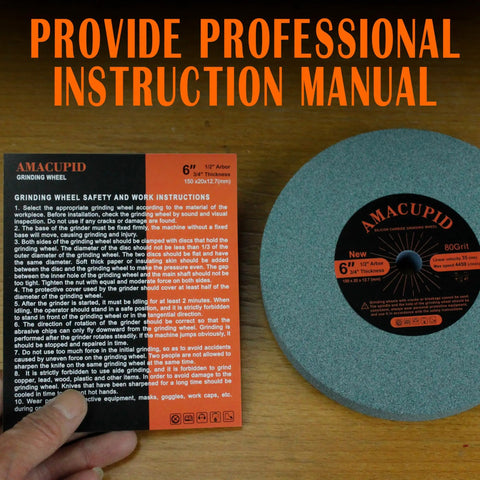Bench Grinding Wheel 6 Inch Green Silicon Carbide 80 Grit For Sharpening Carbide Tools And Grinding Non Ferrous Metals Glass Ceramics And Stone One Half Inch Arbor Three Quarter Inch Thickness with instruction manual
